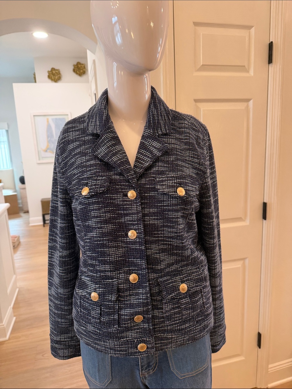 Jaclyn Smith Navy Textured Tweed Blazer with Gold Buttons